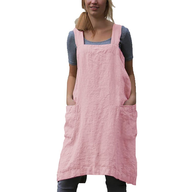 VLZUFE Cotton Linen Apron for women Cross Back Apron Pinafore Dress for Baking Cooking Gardening Work - Image 1
